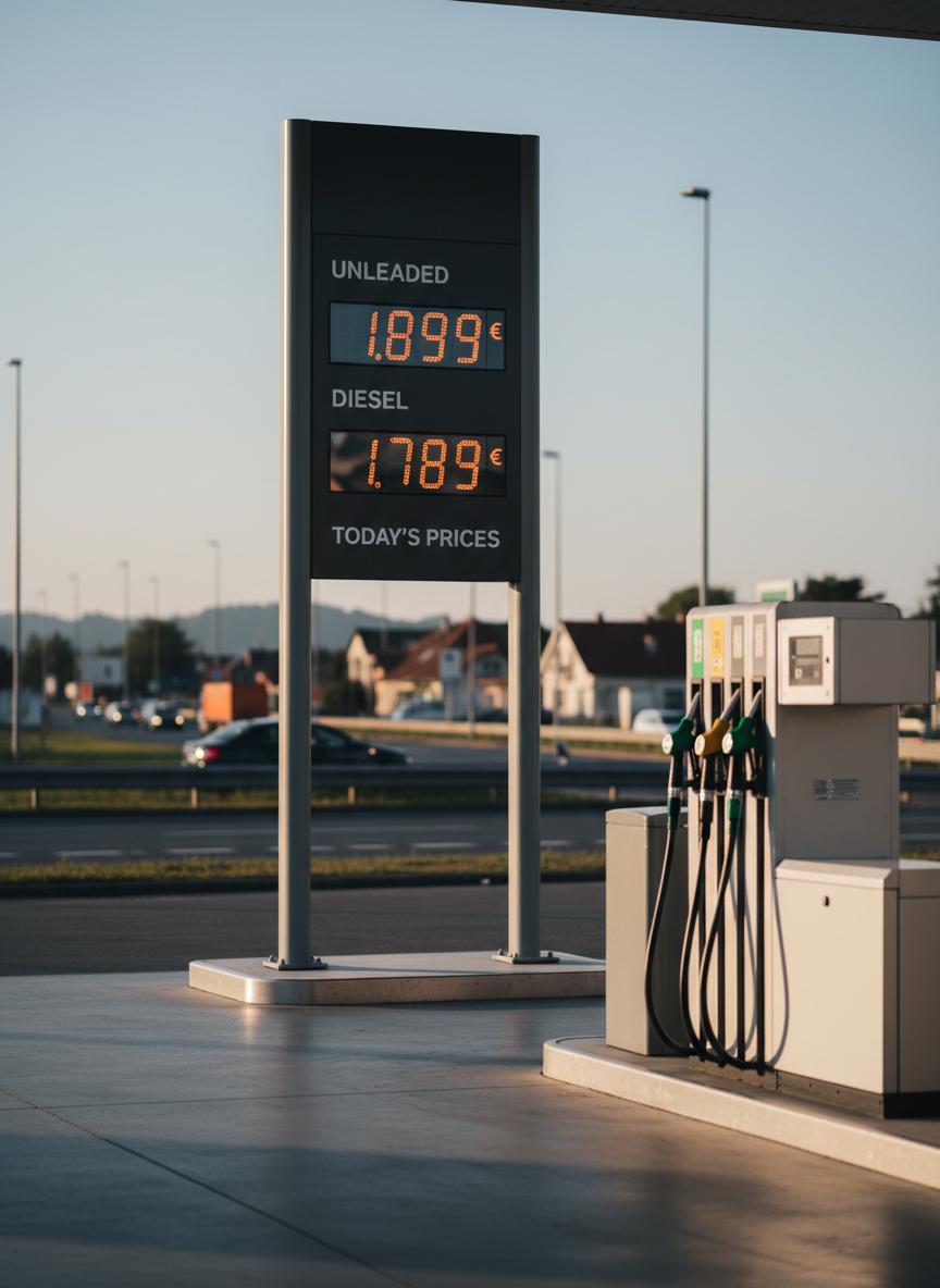 A clean, modern fuel price totem sign at a service station, with large digital numbers displaying today’s prices for gasoline and diesel in bright, legible segments. The sign stands beside neatly arranged fuel pumps with vivid color-coded hoses and metallic nozzles resting in their holders. The scene is set on a clear day beside a main road, with background vehicles and buildings softly blurred. Late afternoon natural light casts gentle shadows and subtle reflections on the glossy surfaces. Photographic realism, shot at eye level with a slightly wide angle and shallow depth of field, creating a professional, informative mood suitable for news about daily fuel price variations.
